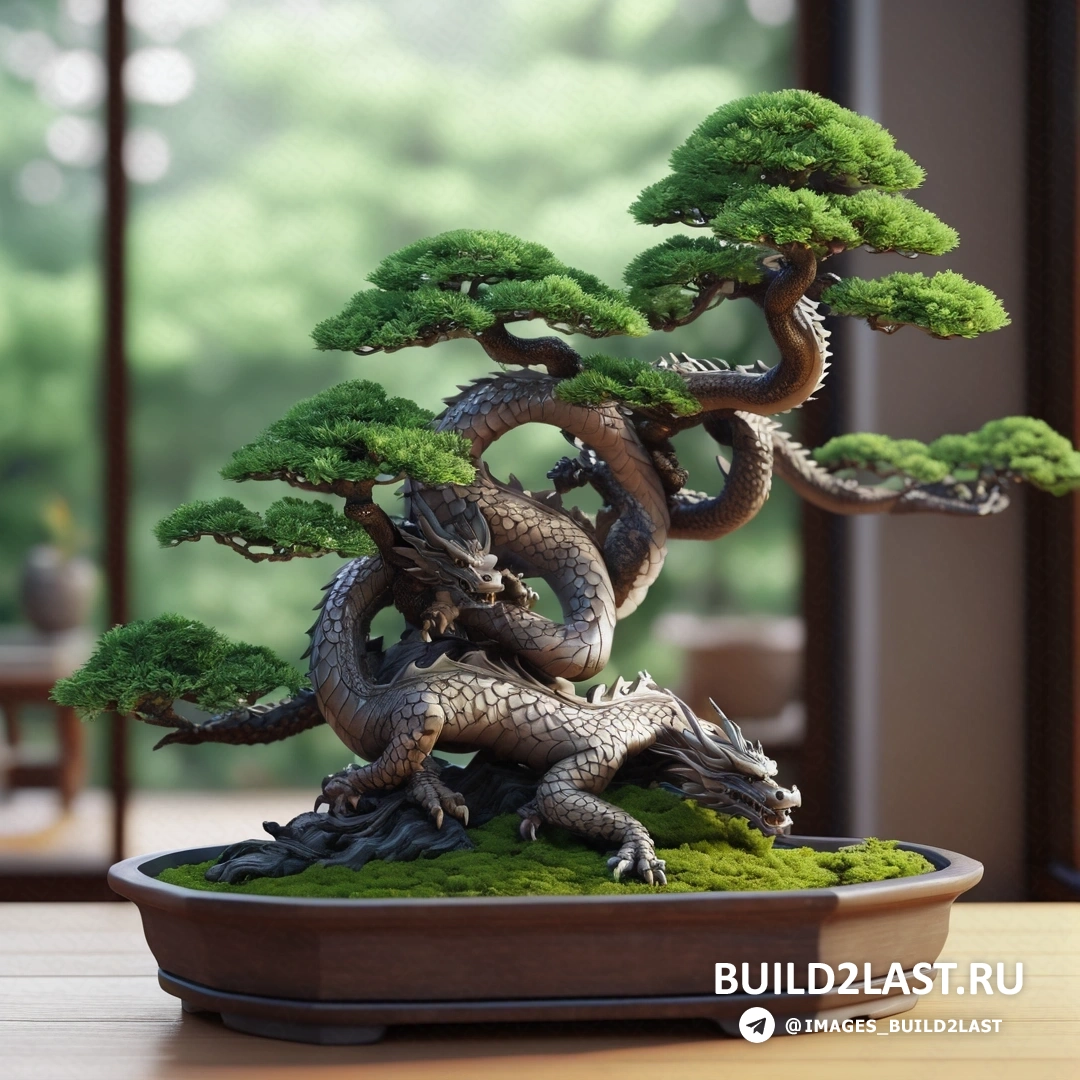 дерево бонсай с двумя фигурками драконов на столе перед окном с видом на лес