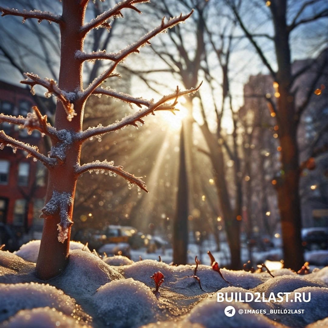 дерево, покрытое снегом, в парке на закате или на рассвете, солнце светит сквозь деревья