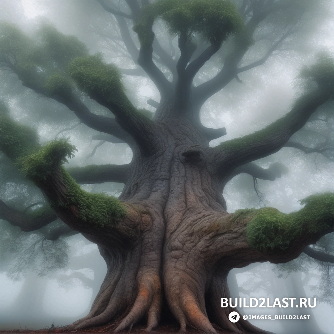 дерево с растущим на стволе мхом в туманном лесу с большим стволом дерева