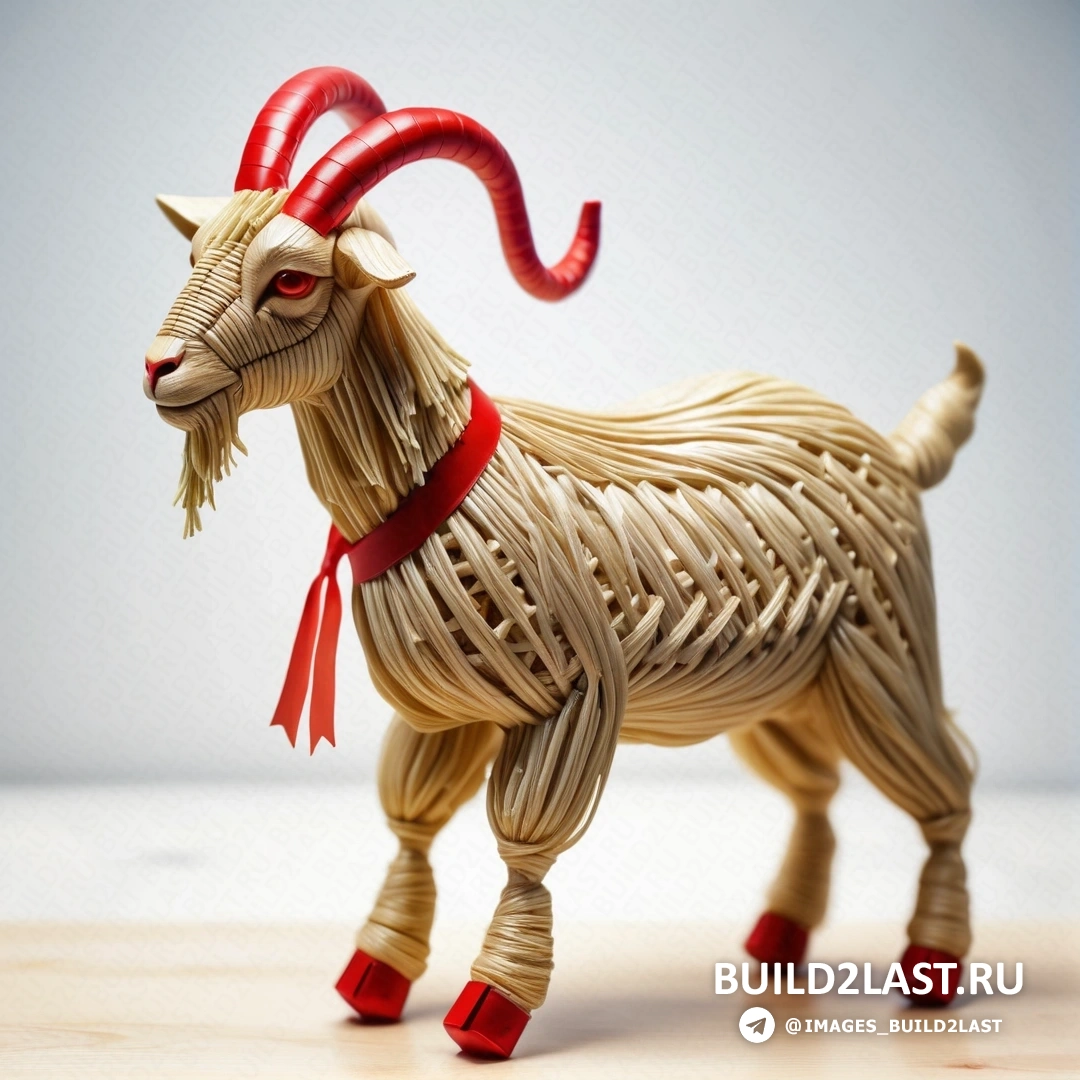 деревянная коза с красной лентой на шее и рогами на голове, стоящая на деревянной поверхности