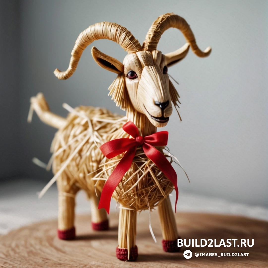 деревянная коза с красным бантом на голове и красной лентой на шее на деревянном столе