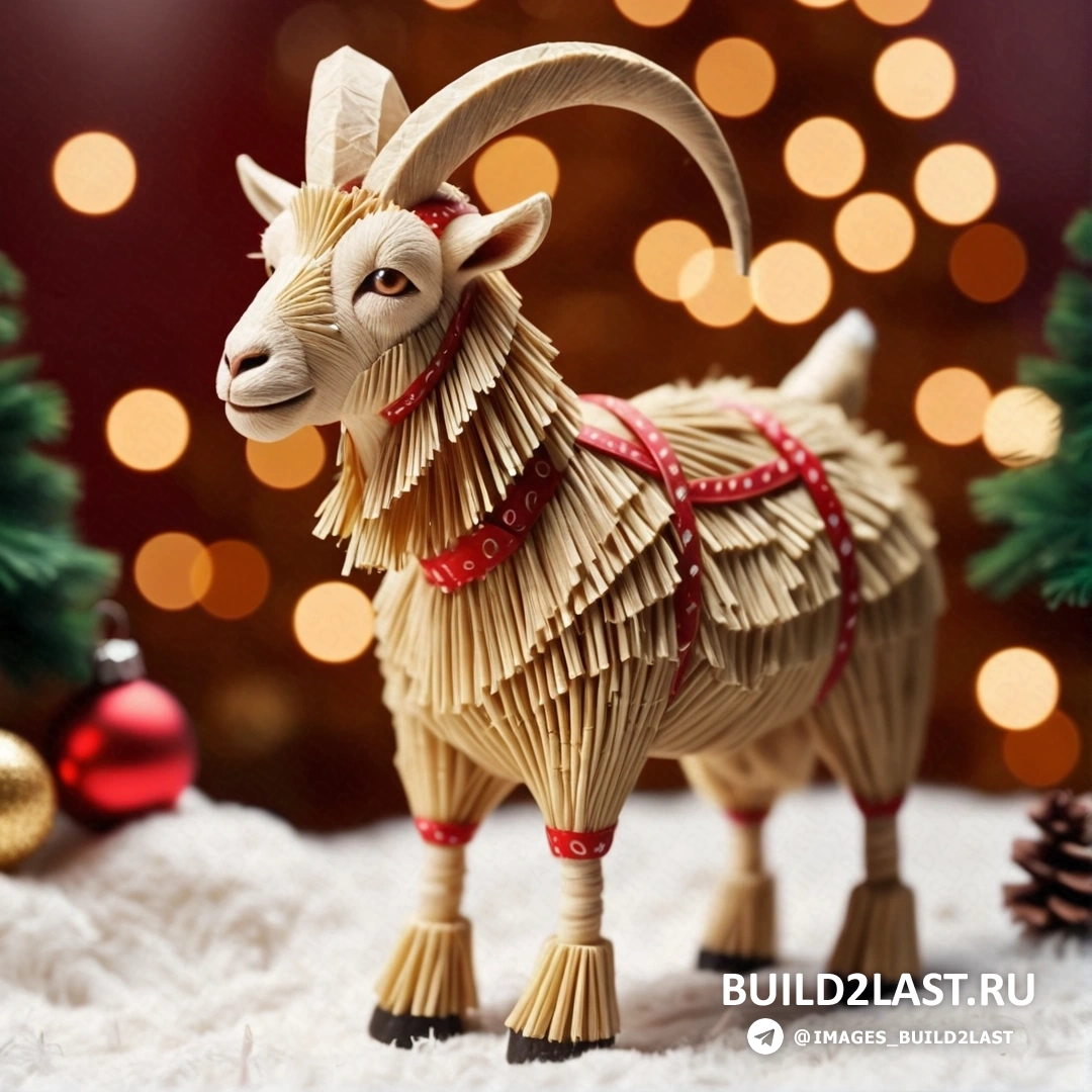 деревянная коза, перед рождественской елкой с огнями