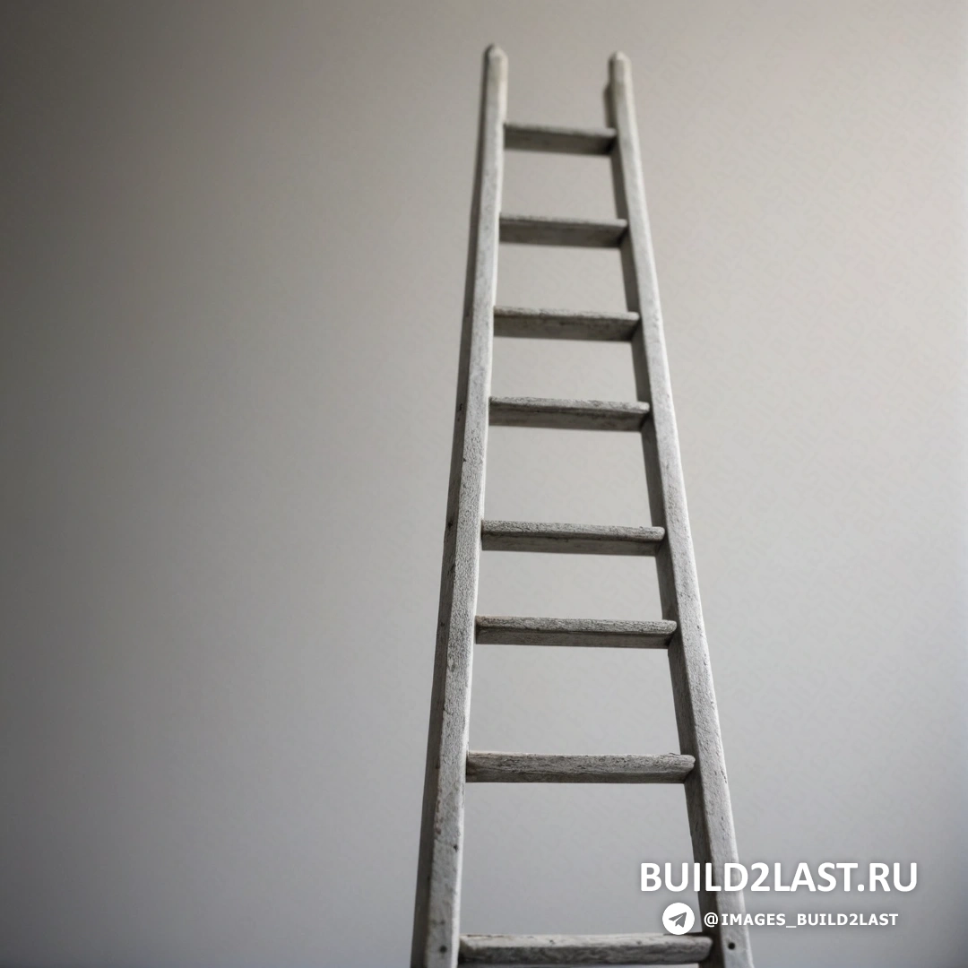 Объективная абстракция - стоковая фотография. Деревянная лестница, прислоненная к стене в комнате с белой стеной и синим полом внизу
