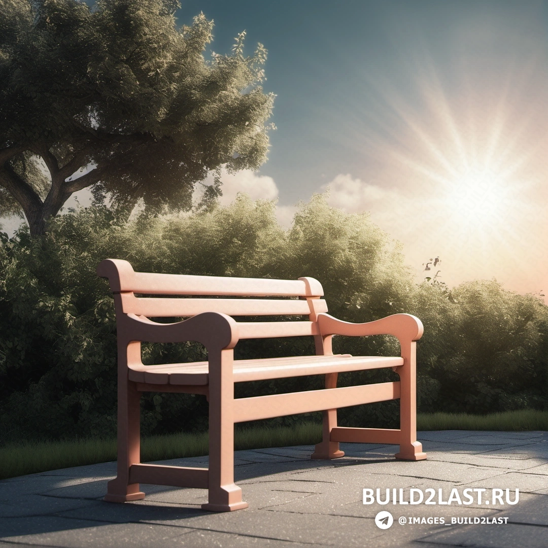 Фотореализм - рендер Ambient occlusion. Деревянная скамейка на тротуаре рядом с деревом и лесом на заднем плане.
