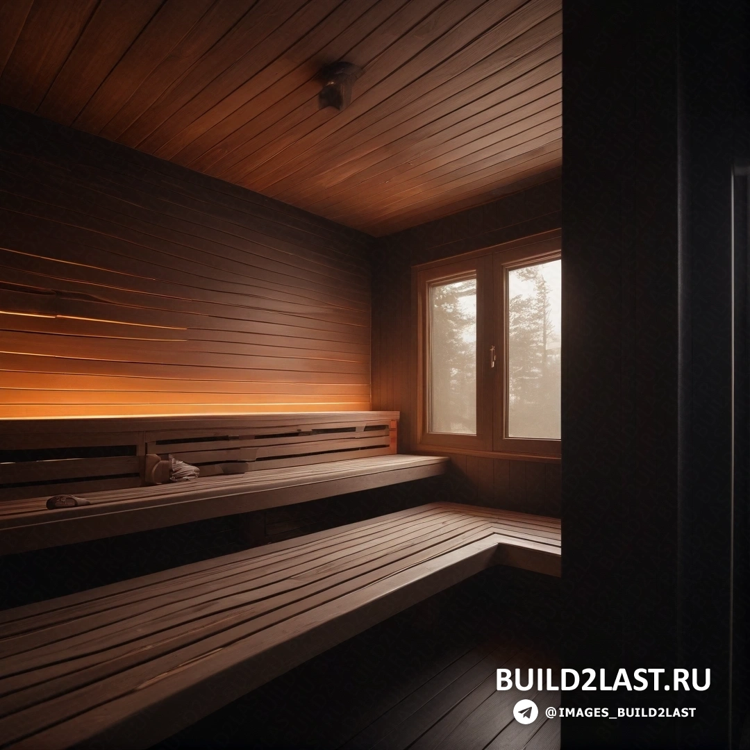 Свет и пространство - 3D-рендер. Деревянная скамейка в комнате рядом с окном с видом на лес за окном