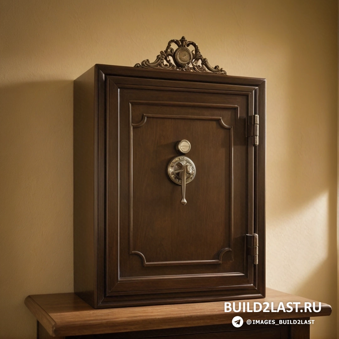 Движение искусств и ремесел - цифровая визуализация. Деревянный шкаф с дверью и часами на нем в комнате с окном и стеной