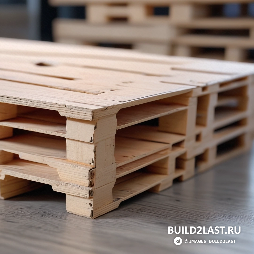 Постминимализм - 3D-рендеринг. Деревянный стол с несколькими деревянными поддонами, сложенными друг на друга на столешнице со стульями на заднем плане