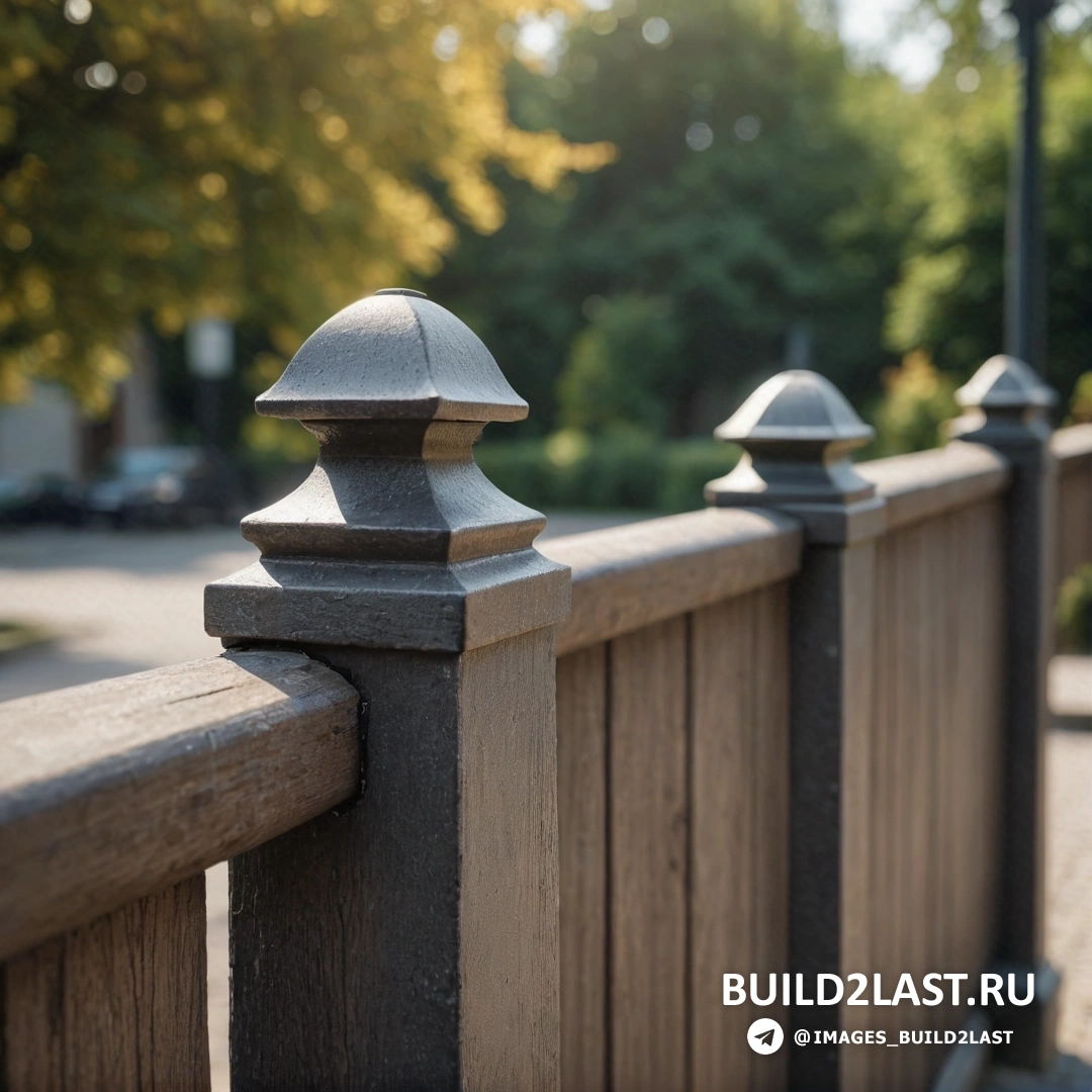 Фотореализм - стоковая фотография. Деревянный забор с металлическим столбом и верхом на тротуаре возле уличного фонаря и деревьев на заднем плане