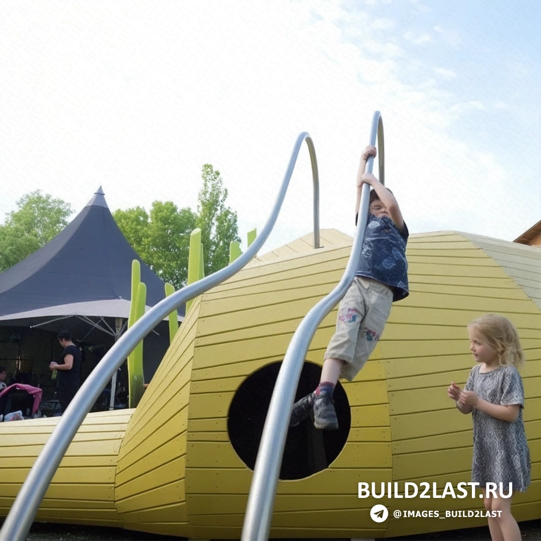 Детская игровая площадка в Дании с бревнами и салатовыми элементами Детская площадка с зелеными элементами и бревнами