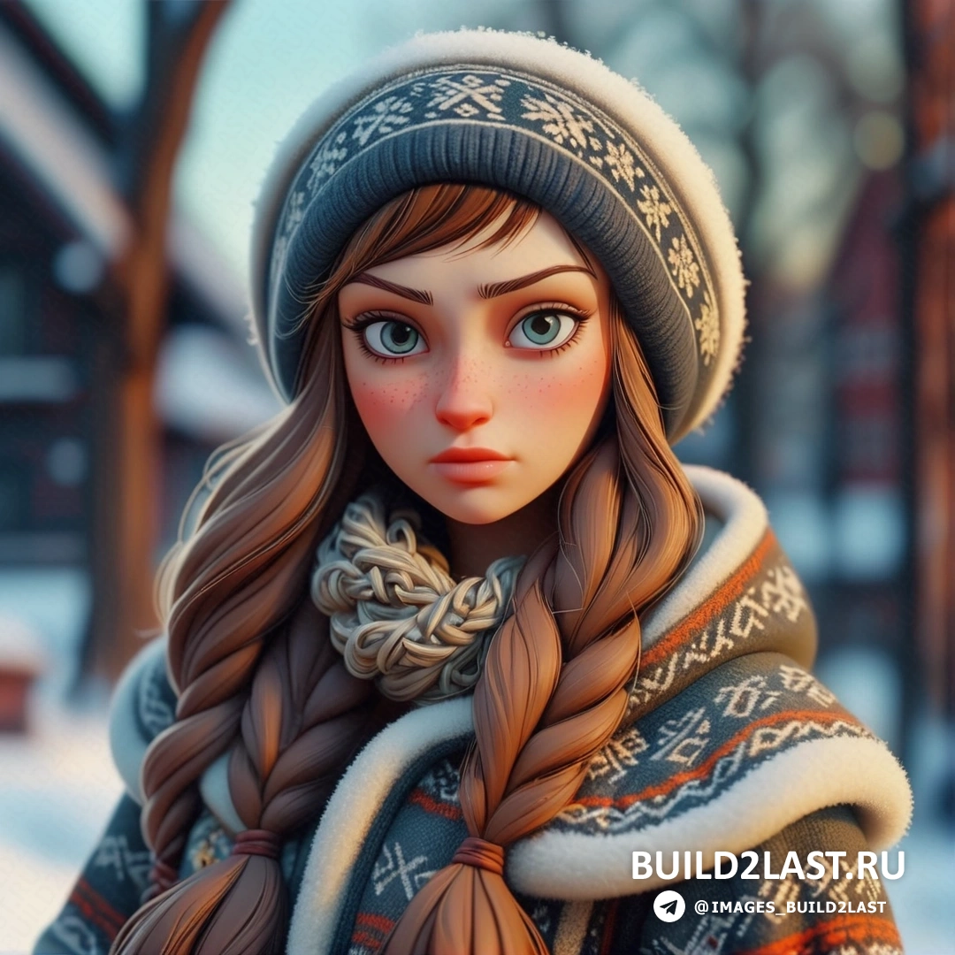 девушка с косой в зимней сцене с заснеженной улицей и деревом, в шляпе и шарфе