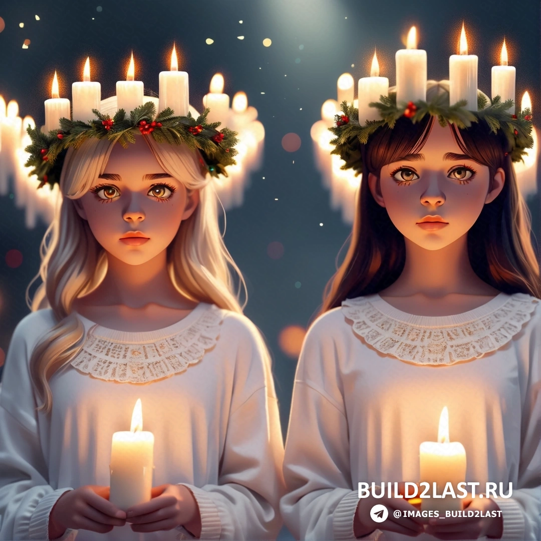 девушка с венком из свечей в волосах и свечой в руке перед ней