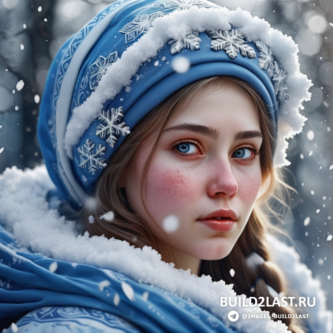 Снегурочка в синей шапке и шарфе на снегу с хлопьями снега на голове и синим шарфом на шее