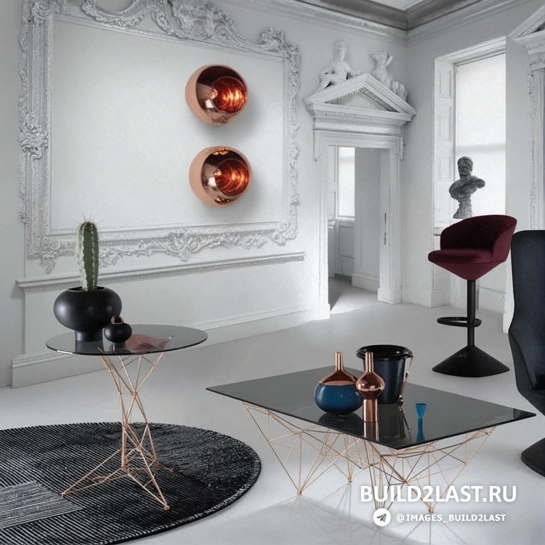 Дизайнерские предметы интерьера от Tom Dixon, Великобритания, стильные вазы, столы и стулья Дизайнерская ваза и элементы мебели от Tom Dixon в черном и белом цветах, включая барный стул и журнальный столик
