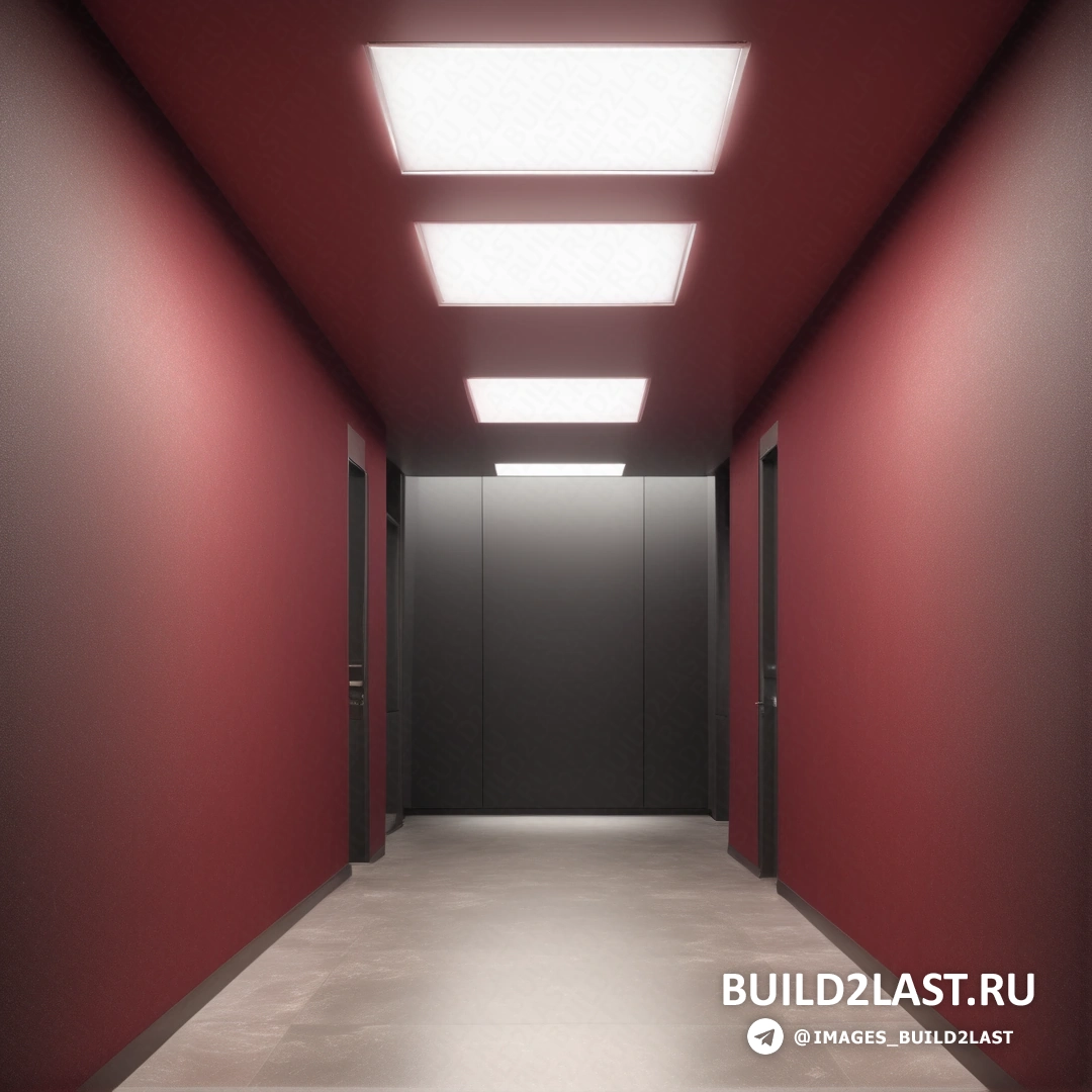 Постминимализм - рендер Ambient occlusion. Длинный коридор с красными стенами и светом в конце коридора, освещенным встроенными светильниками.