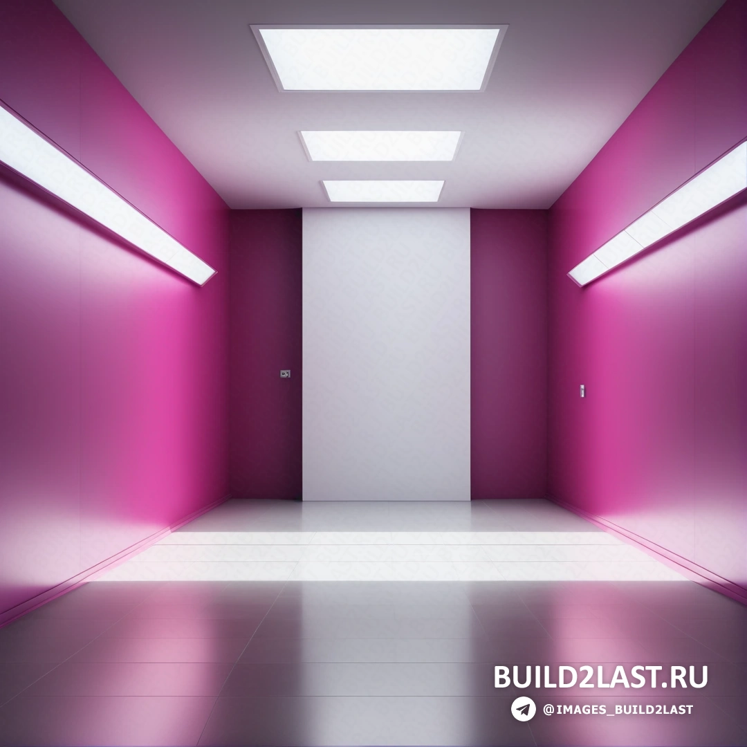Постминимализм - рендер Ambient occlusion. Длинный коридор с ярко-розовым светом, проникающим сквозь потолок, и дверью, ведущей в другую комнату.