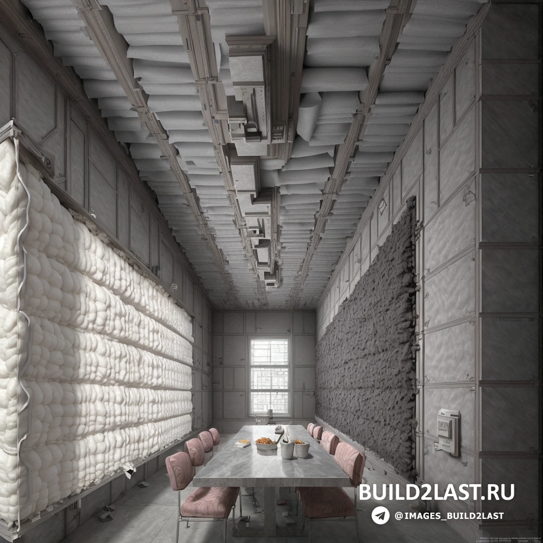 Утепление, теплоизоляция: институциональная критика - рендеринг с использованием окружающего окклюзии. длинный стол со стульями и скамьей в комнате с открытыми потолками и окном с занавеской