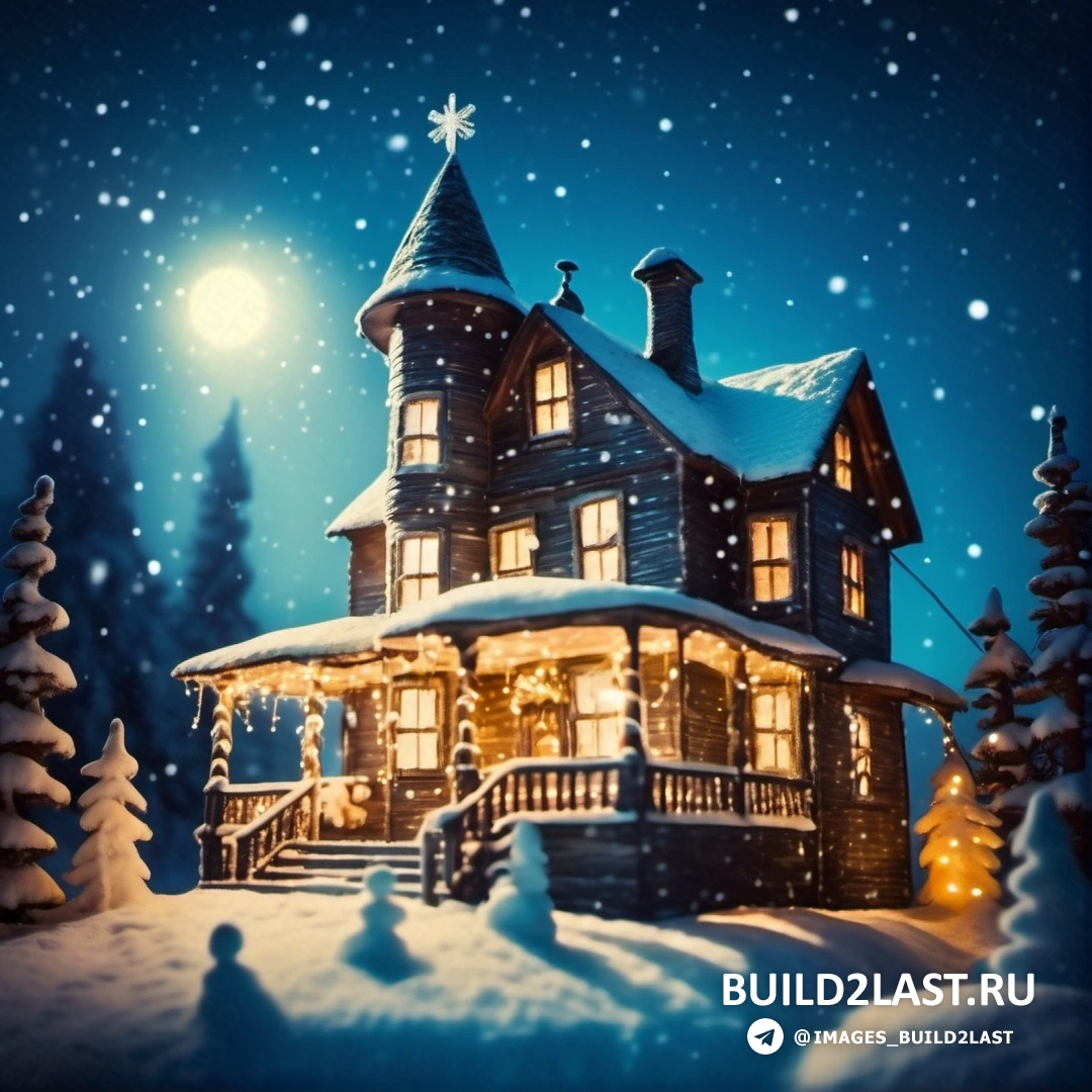 дом освещен рождественскими гирляндами на снегу ночью при полной луне на небе