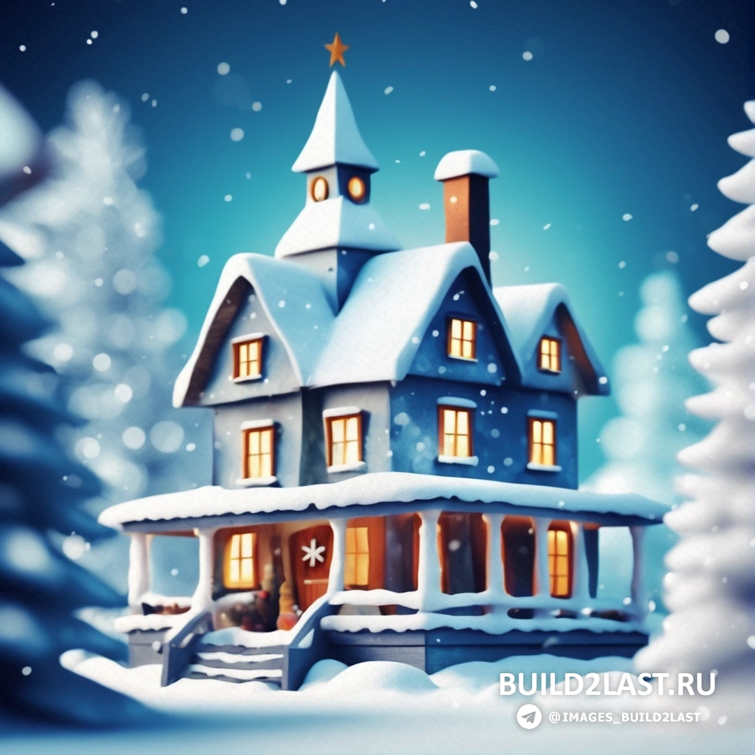 дом с часами на вершине, в снегу, вокруг деревья и голубое небо