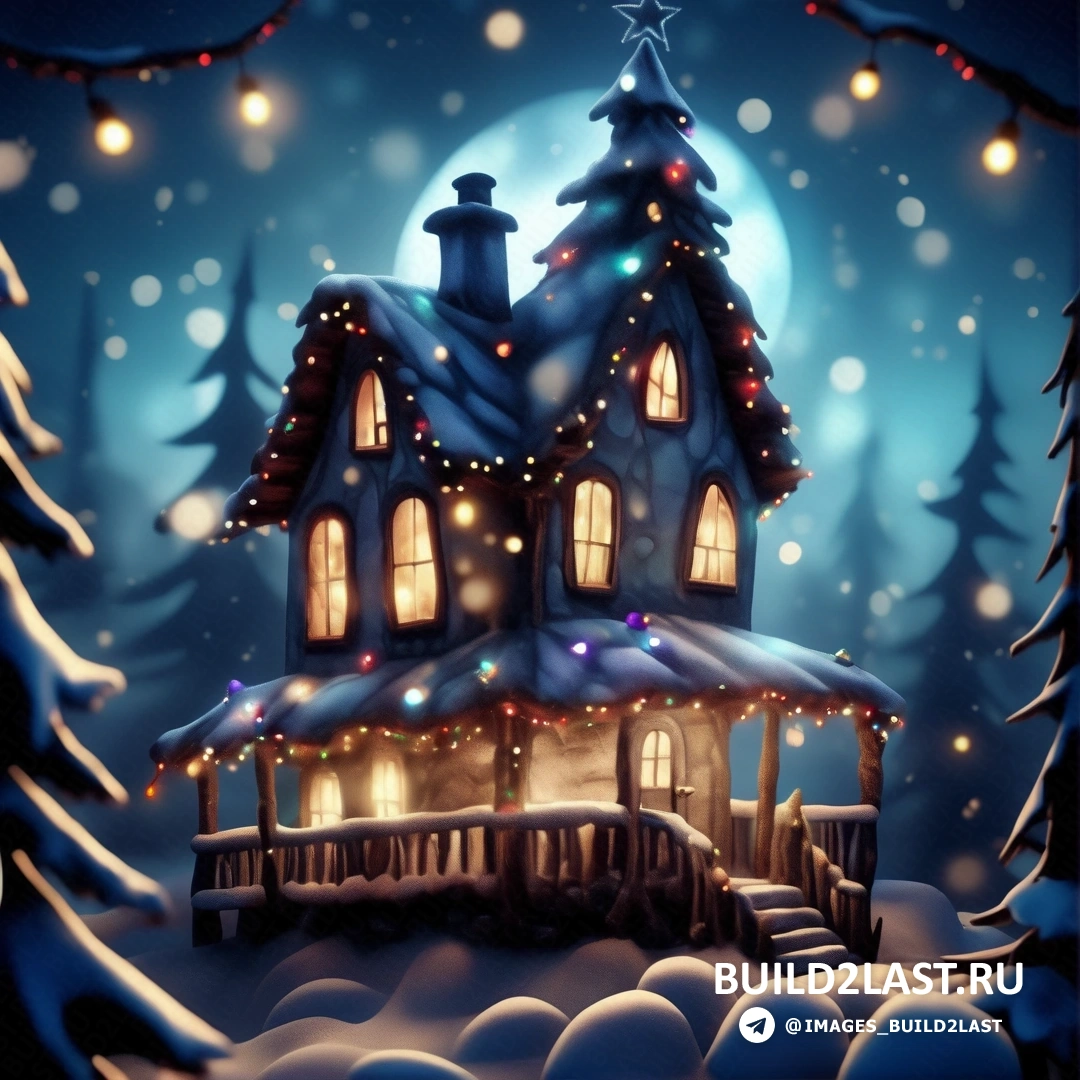 дом с елкой и огнями в снегу ночью на фоне полной луны