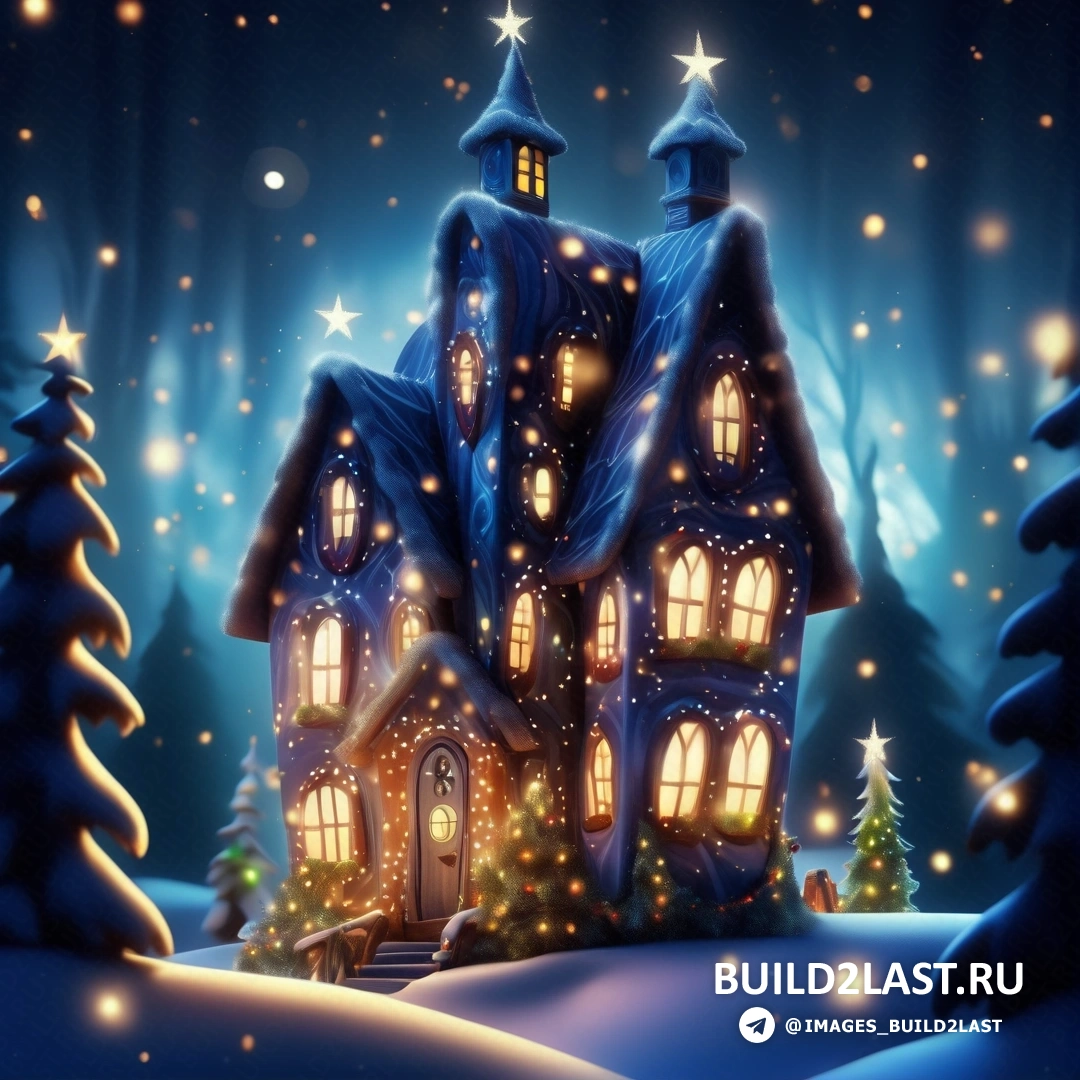 дом с елкой и огнями в снегу ночью со звездами и падающим снегом