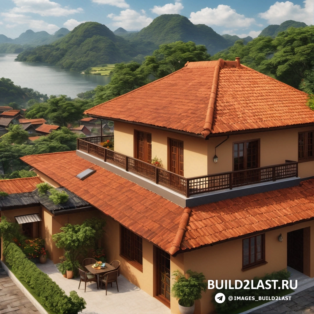Build2Last: фотореализм - цифровой рендеринг. дом с красной крышей и озером, горами вдали и несколькими деревьями