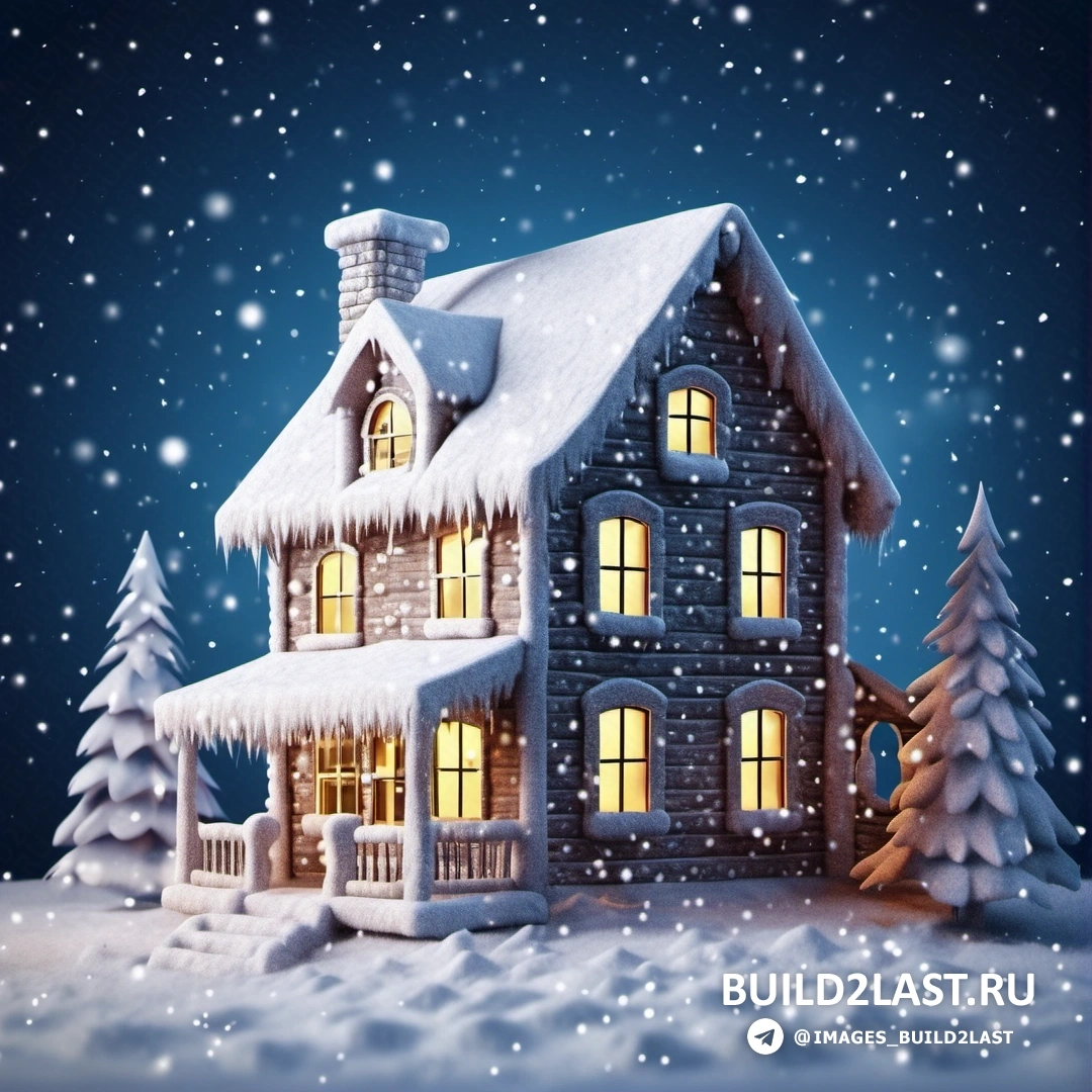 дом с заснеженной крышей и деревьями с падающим на него снегом и голубым небом со звездами