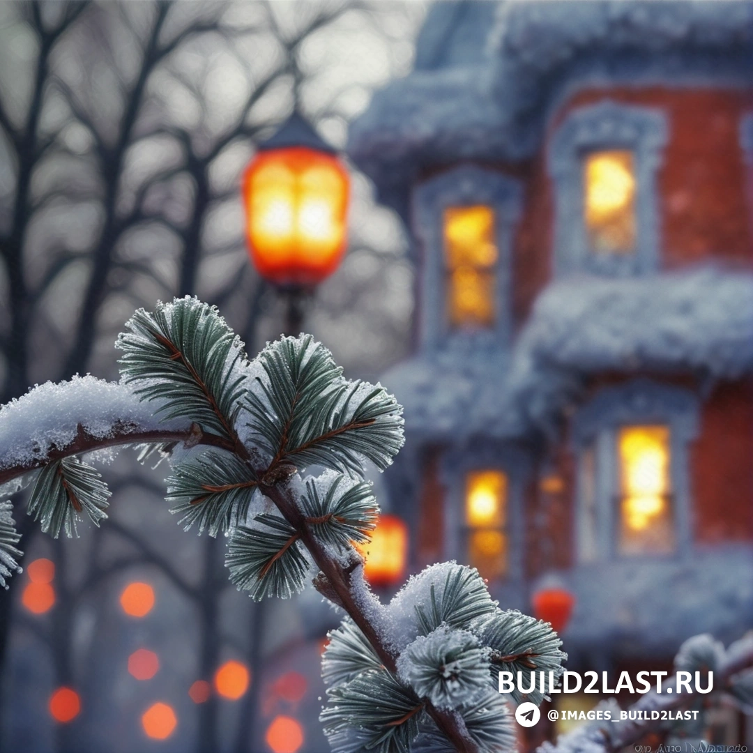 дом со светом в окне и засыпанная снегом ветка дерева
