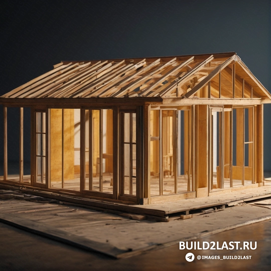 Фотореализм - 3D-рендер. Дом строится на деревянном полу с синим фоном