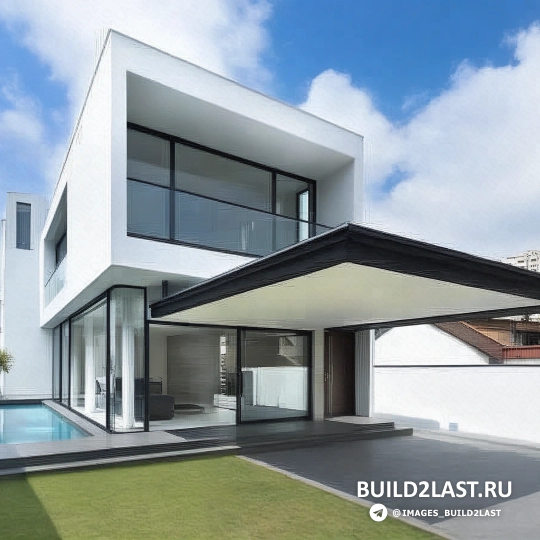 Вид дома с дороги с ярко выраженной архитектурой и воротами Дом у дороги, вид на фасад здания с большой воротной аркой