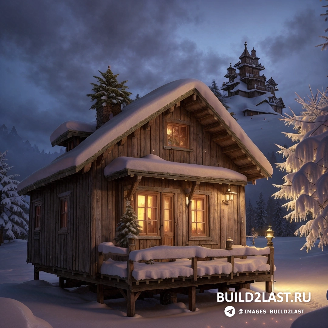 фотореализм - детальная матовая покраска. домик в снегу с крыльцом и скамейкой под фонарем на крыльце и заснеженным деревом