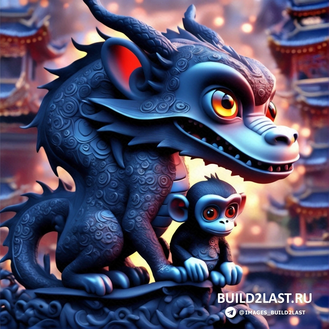 дракон и обезьяна на камне перед зданием с фоном неба и огнями
