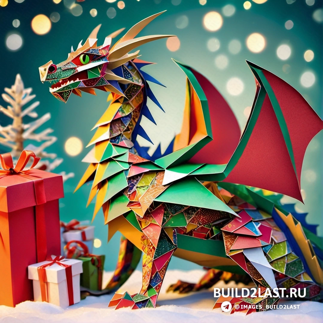 дракон из бумаги рядом с рождественской елкой и подарки на столе с огнями
