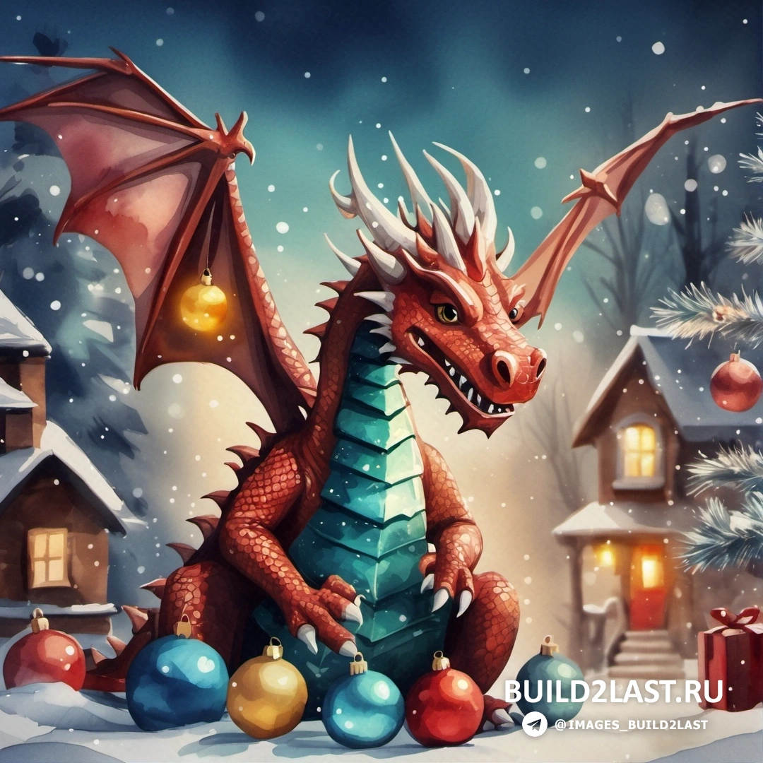дракон рядом с рождественской елкой