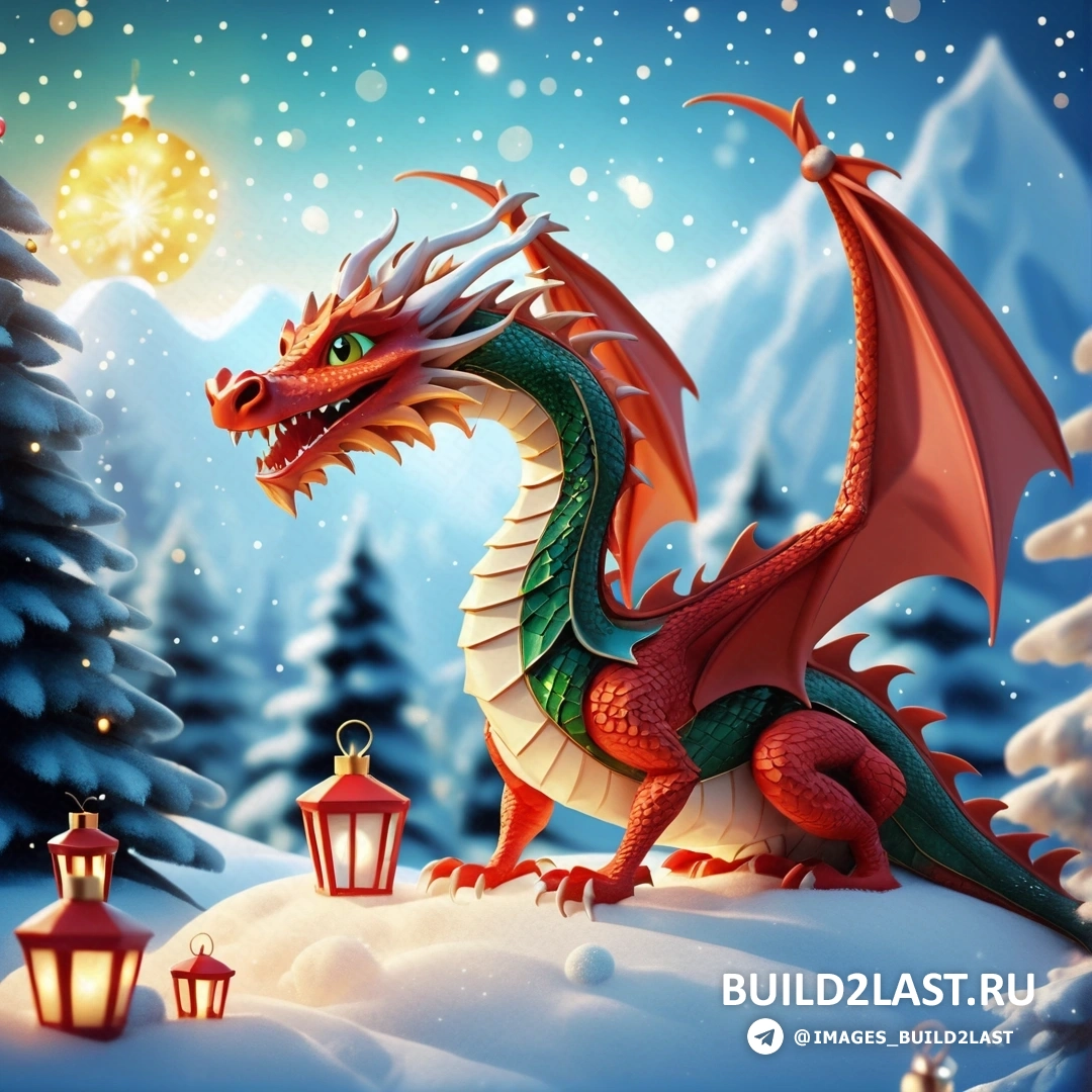 дракон на заснеженном холме с фонарем и светом фонаря на фоне снежного пейзажа
