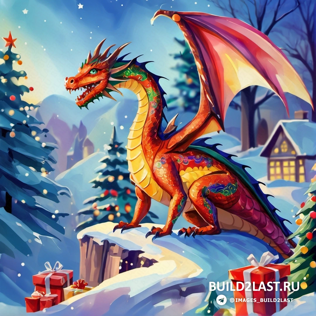 дракон на заснеженном холме с подарками перед ним и рождественской елкой