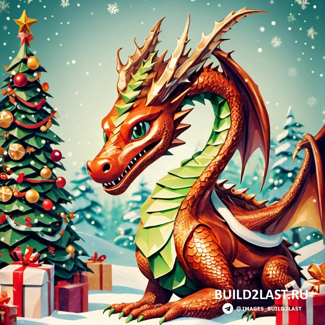 дракон, рядом с рождественской елкой с подарками