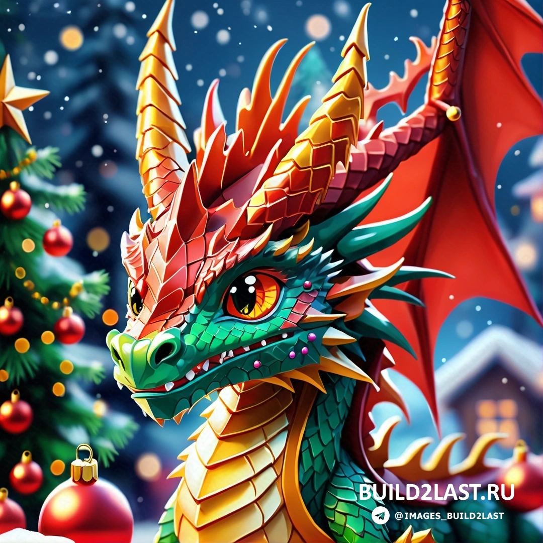 дракон с красной головой и зелеными крыльями стоит перед рождественской елкой и красным орнаментом