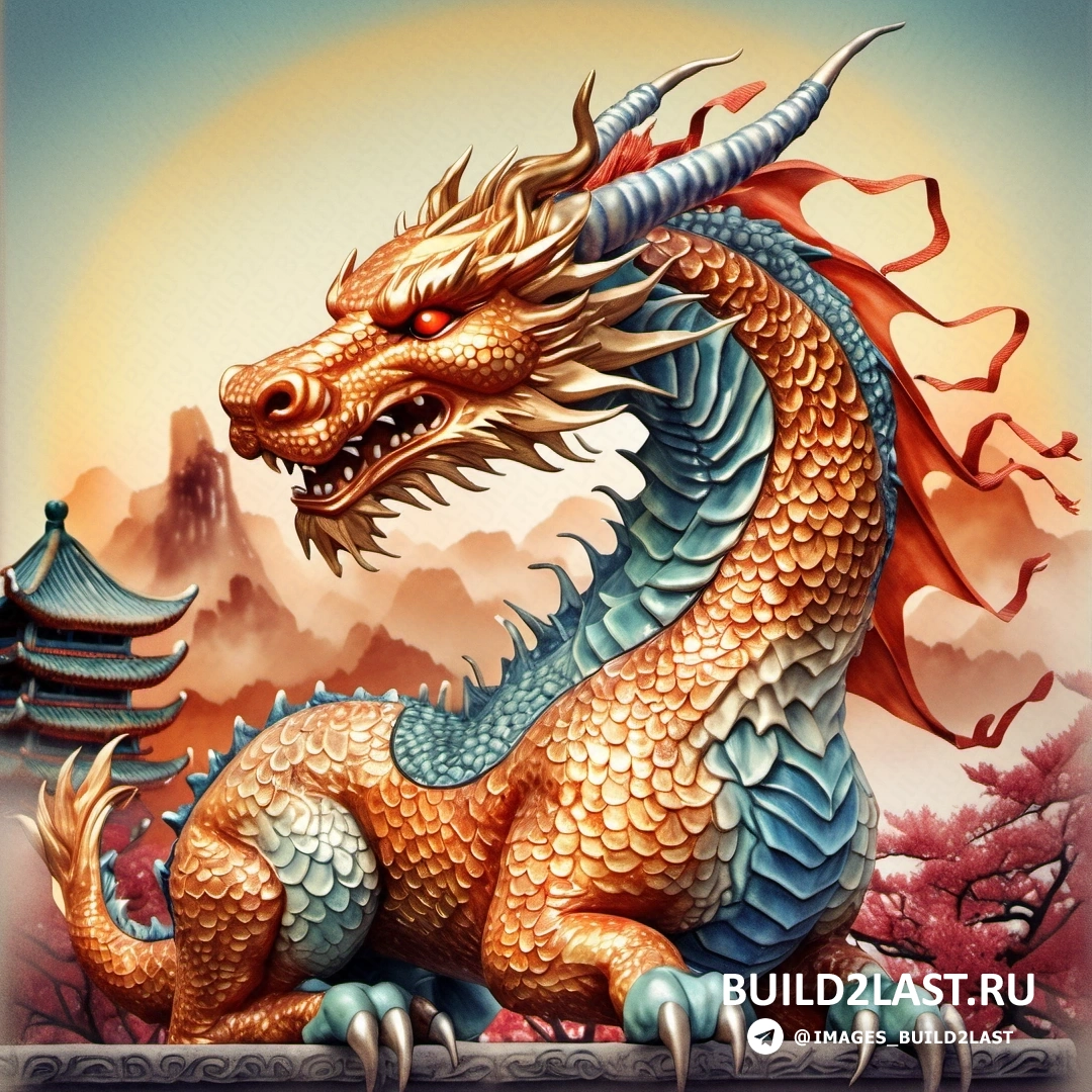 дракон с красным хвостом и синим телом, на уступе перед горным хребтом