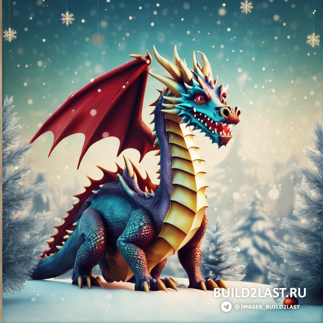 дракон с красными глазами и хвостом, на снегу на фоне деревьев и снежинок