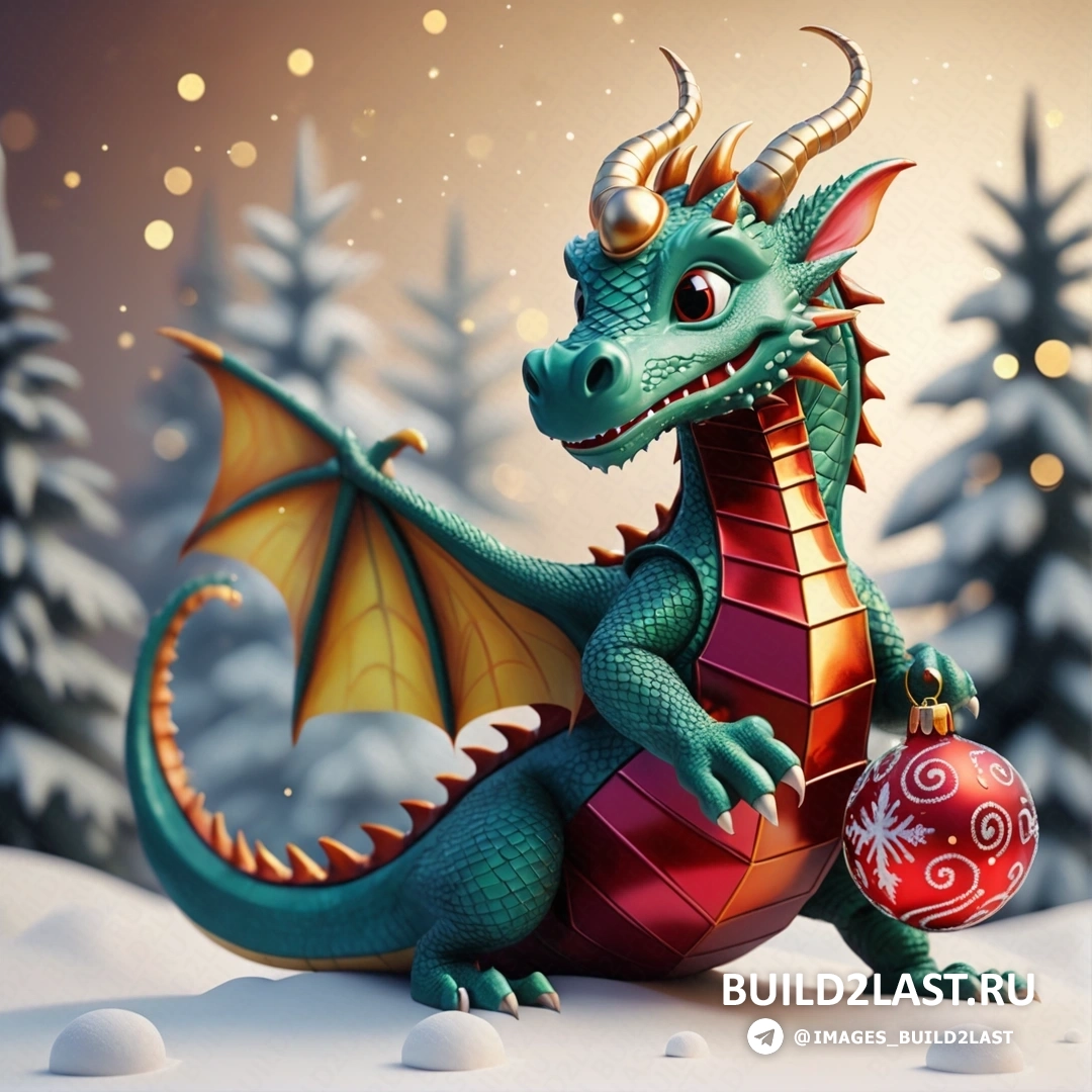 дракон с рождественским украшением на снегу на фоне рождественской елки