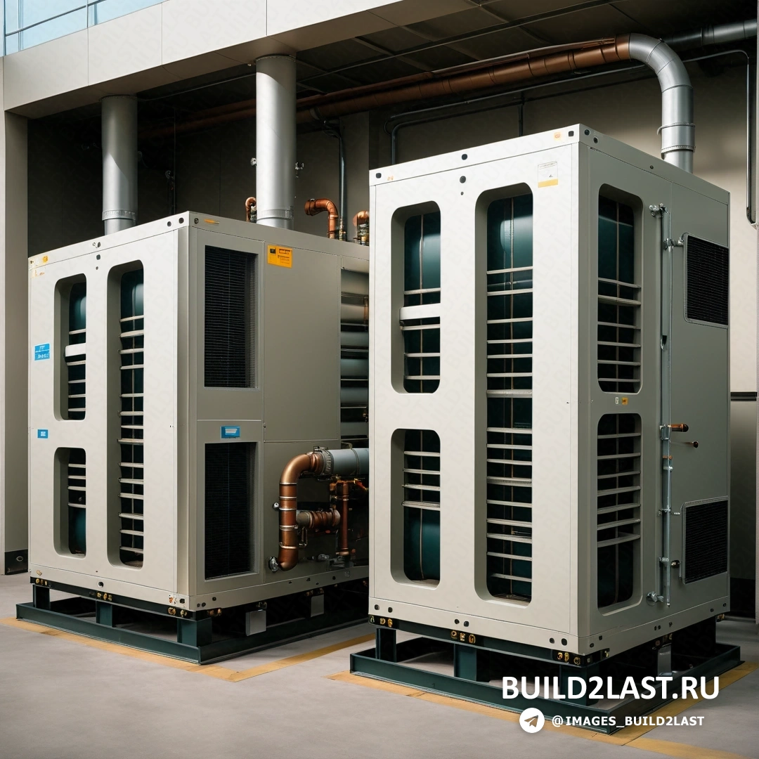 Некогеренты - компьютерный рендеринг. Два больших промышленных кондиционера в здании с трубами и трубопроводами по бокам.