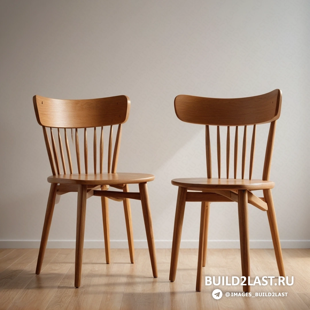 Mingei - 3D-рендер. Два деревянных стула рядом на деревянном полу в комнате с белой стеной