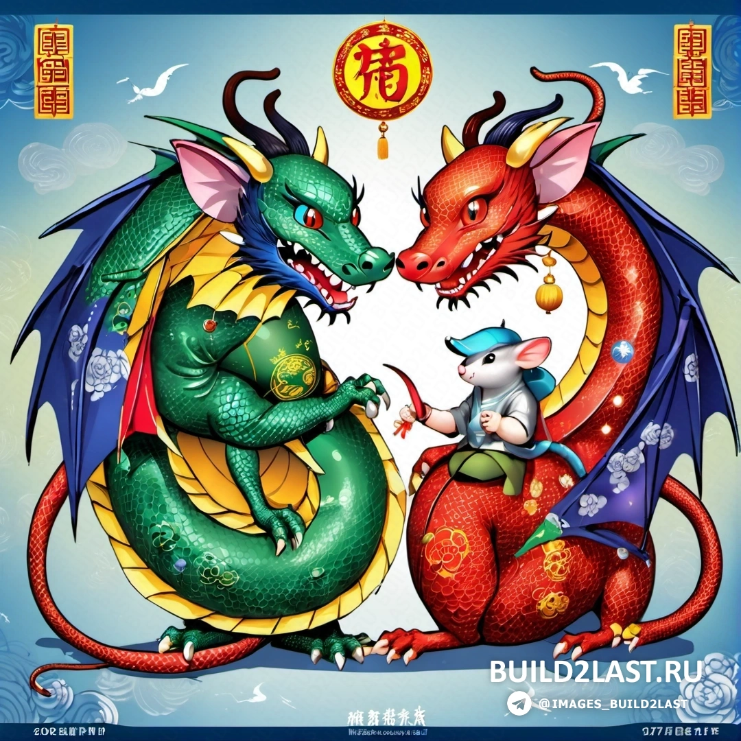 два дракона и мышь смотрят друг на друга в мультяшном стиле, китайские иероглифы