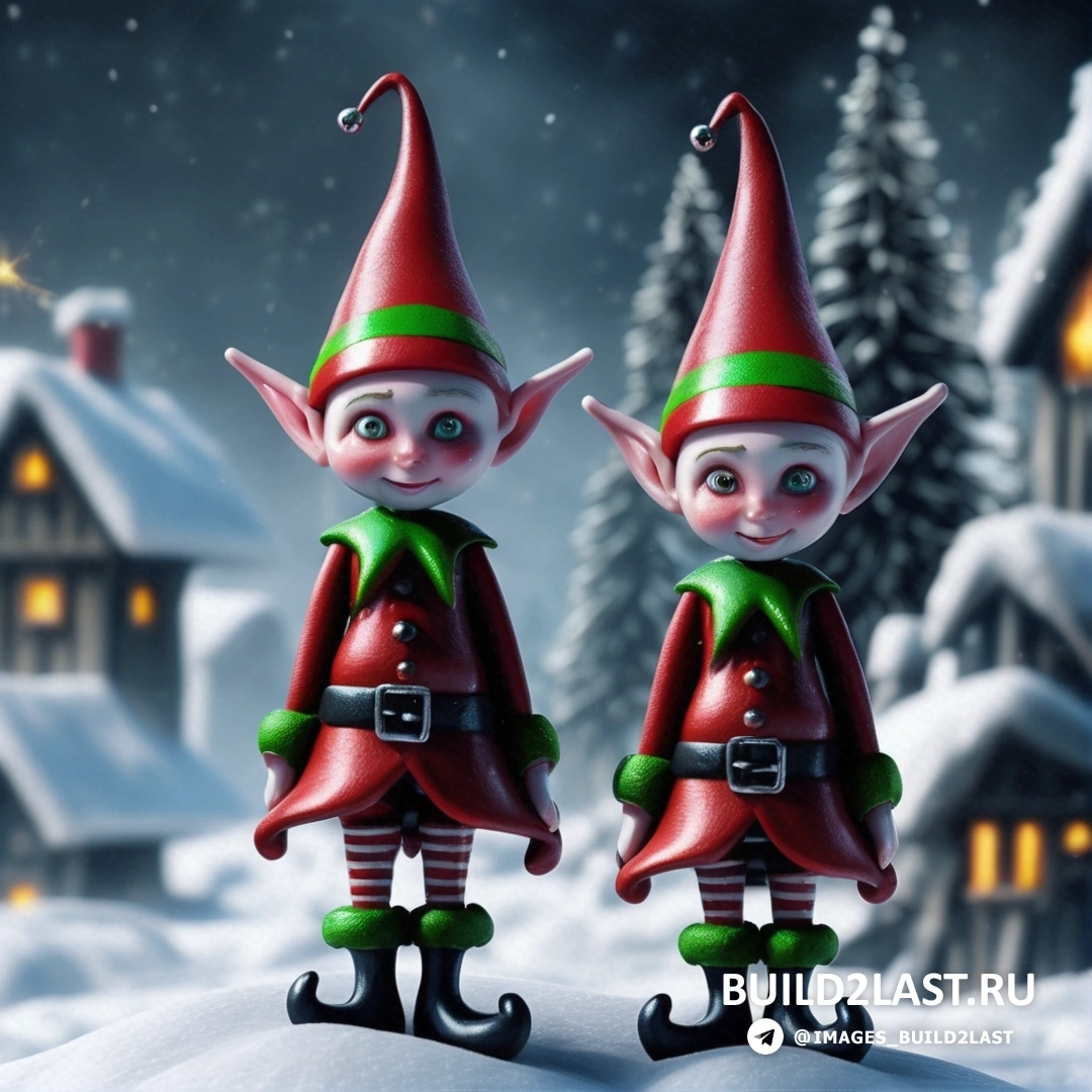 два эльфа, стоящие перед заснеженной деревней с рождественской елкой и домом со звездой