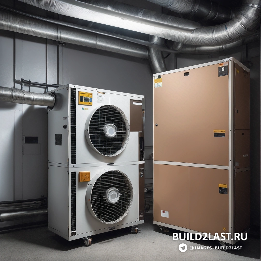 Луизм - компьютерный рендеринг. Два кондиционера рядом друг с другом в комнате с трубами и тепловым насосом на стене.