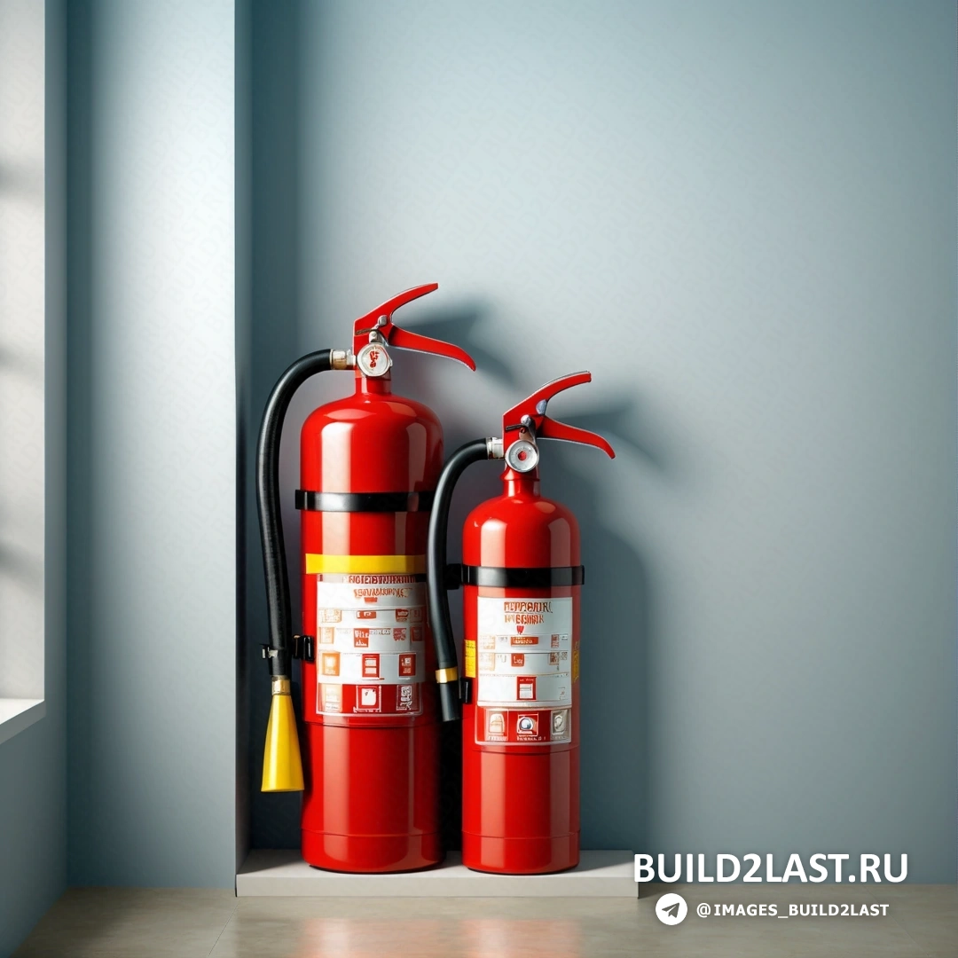 Авторазрушающий арт - стоковое фото. Два красных огнетушителя находятся на полке в комнате с окном и синей стеной.