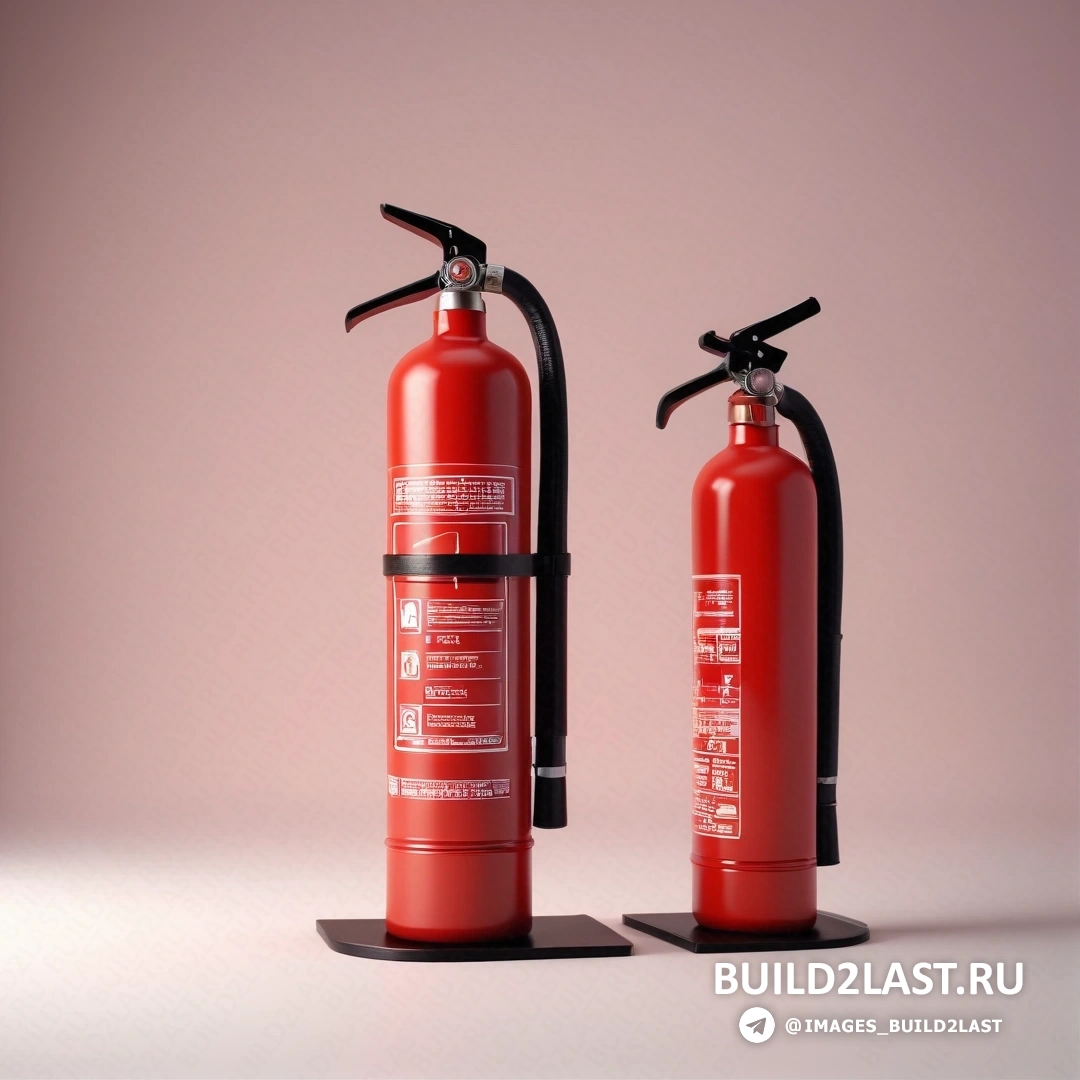 Гиперреализм - 3D рендер. Два красных огнетушителя стоят рядом на белой поверхности с розовым фоном
