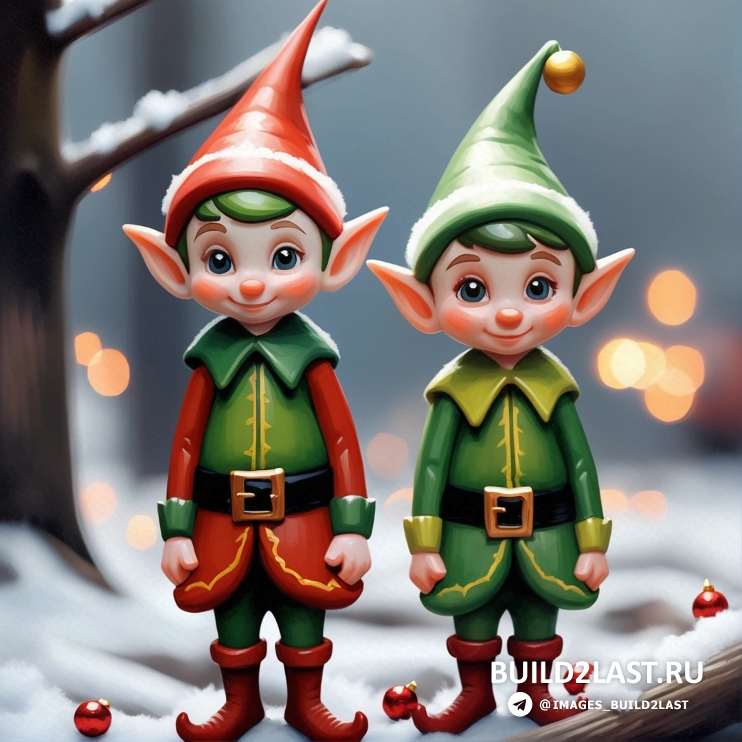 два маленьких эльфа, стоящие рядом друг с другом в снегу, с рождественской елкой и рождественским светом