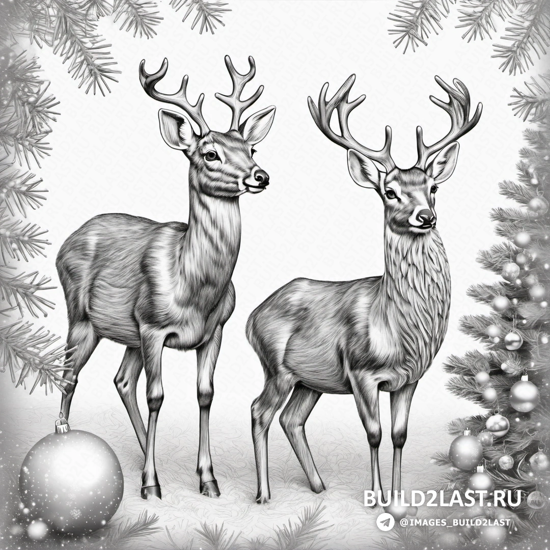 два оленя стоят рядом друг с другом возле рождественской елки с украшениями и серебряным шаром перед ними