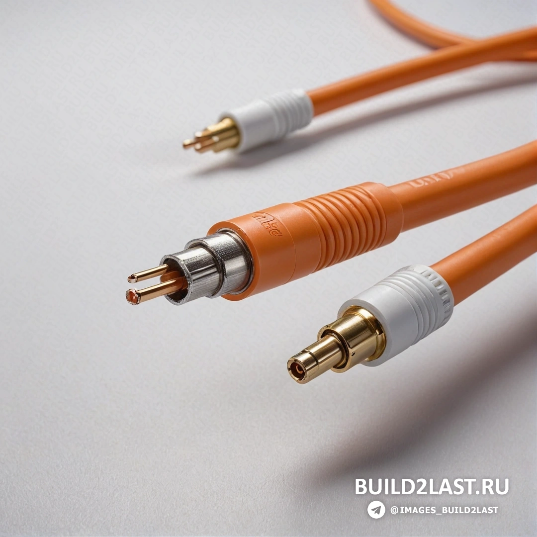 Некогерентность - 3D-рендеринг. Два оранжевых и белых кабеля на белой поверхности с позолоченными концевыми заглушками на конце